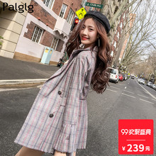2018秋装新款时尚休闲韩版甜美女装长袖格子西装中长款外套上衣女图片