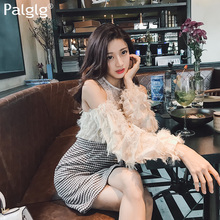 毛呢连衣裙2018新款秋装韩版女装一字肩性感挂脖流苏短裙蕾丝裙图片