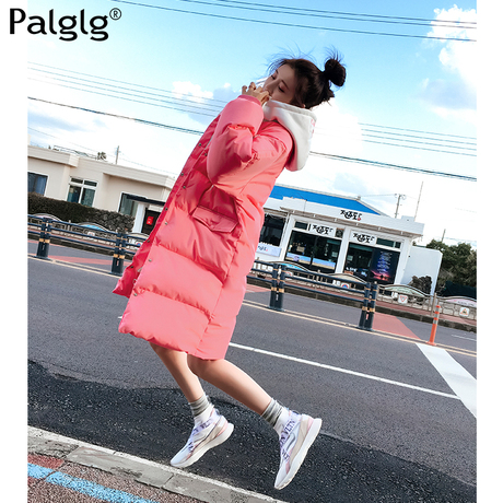 2018秋冬季新款休闲韩版女装连帽粉色棉服棉衣宽松中长款大衣外套商品大图