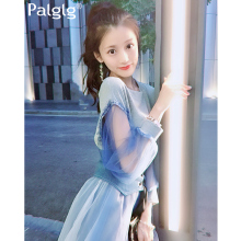 秋装2018新款女装韩版套装裙两件套网纱牛仔拼接长袖时尚连衣裙女图片