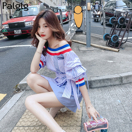 连衣裙女秋装2018新款韩版性感露肩女装甜美短裙蓝色条纹气质裙子商品大图