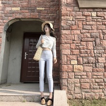 显瘦格子九分裤 T恤女高腰修身 韩风Chic纯色长袖 防晒衫 短款 扑啦啦