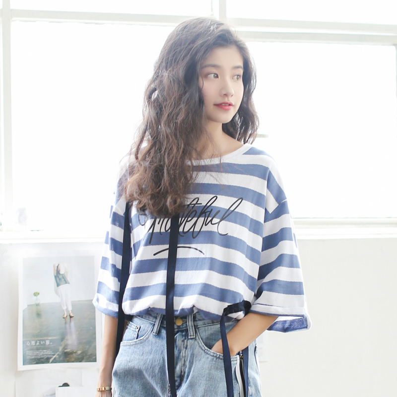条纹t恤女夏装半袖韩版学生百搭学院风宽松短