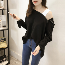 女装 秋季大码 上衣打底衫 连帽卫衣女胖mm吊带露肩开叉长袖 200斤t恤