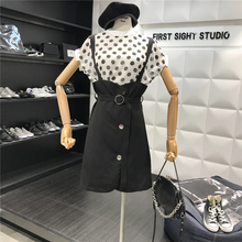 百搭时尚 时髦排扣背带半身裙两件套女 波点小高领T恤 夏装 初见家