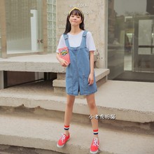 春夏 喵吉自制宽松小清新蓝色牛仔背带裙休闲背心连衣裙短裙女韩版