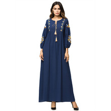 拖地长裙muslim dress long 穆斯林长袖 欧美重工绣花棉麻拼接长袍