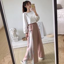 时尚套装秋季新款2018爱心宽松百搭上衣+绑带拼接阔腿裤休闲裤女