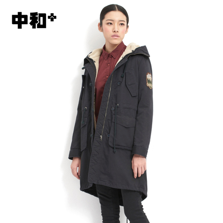 中和休闲女装棉服秋冬立领连帽外套托绒加厚中长款怀旧学院风新品商品大图