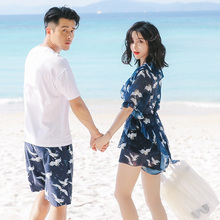 温泉泳装 情侣泳衣女裙式三件套性感聚拢遮肚显瘦沙滩海边度假套装