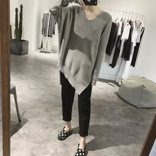 v领长袖 显瘦套头蝙蝠毛衣 宽松大码 外套女春秋中长款 不规则针织衫
