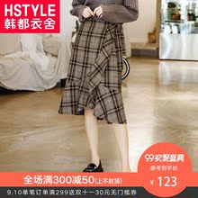 韩都衣舍2018韩版女装秋装格子a字裙荷叶边系带潮半身裙EK8356囡图片
