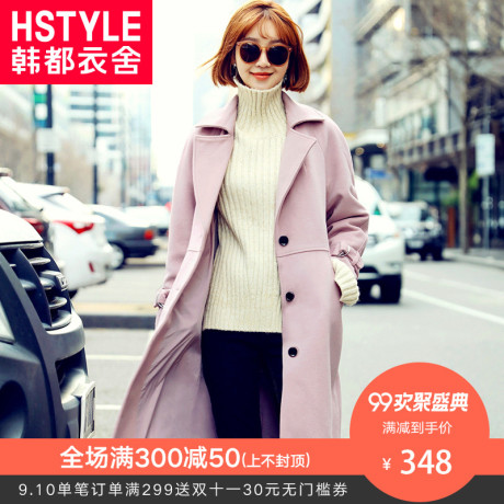韩都衣舍2018秋装新款韩版纯色潮宽松中长款毛呢外套女装NJ8323翝商品大图