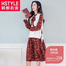 韩都衣舍2018韩版女装秋装新款两件套花色拼接长袖连衣裙LU8236荃图片