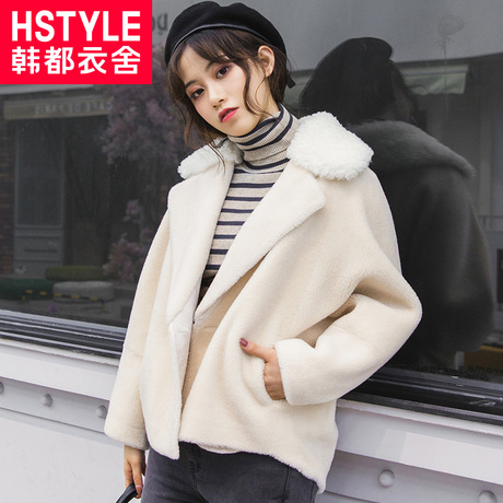 韩都衣舍2018冬季韩版女装新款纯色宽松大毛领羊剪绒派克服皮草商品大图