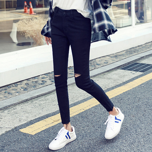 韩都衣舍修身破洞小脚牛仔长裤