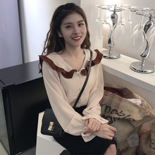 衬衫 荷叶领气质上衣学生韩版 女装 休闲百搭拼色长袖 2018初秋新款
