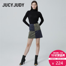 Jucy Judy百家好冬新款拼色A字短裙 绒面皮修身半身裙女JRSK720E图片