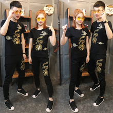 时尚 2019刺绣龙短袖 卫衣两件套男女休闲运动服套装 长裤 夏季情侣装