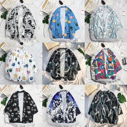 日系浮世绘飞鹤海浪七分袖和服开衫男女情侣宽松薄款半袖衬衣道袍