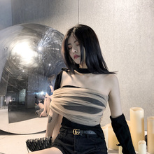 CHEEN 暗黑设计感冷艳小众网纱拼接露肩绑带性感不规则上衣女