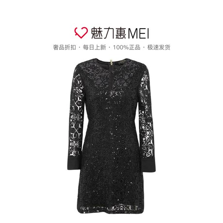 Juicy Couture 黑色圆领亮片镂空优雅女士长袖连衣裙商品大图