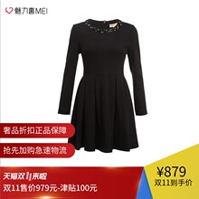 预售 PORTS/宝姿 黑色纯羊毛领口钻饰圆领长袖收腰女士伞状连衣裙图片