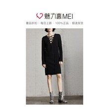 预售 Mo＆Co．/摩安珂 黑色交叉绑带设计时尚女士长袖连衣裙图片