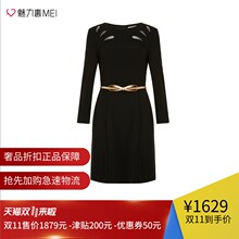 预售 Ports/宝姿 黑色腰带饰镂空优雅秋冬女士长袖连衣裙图片