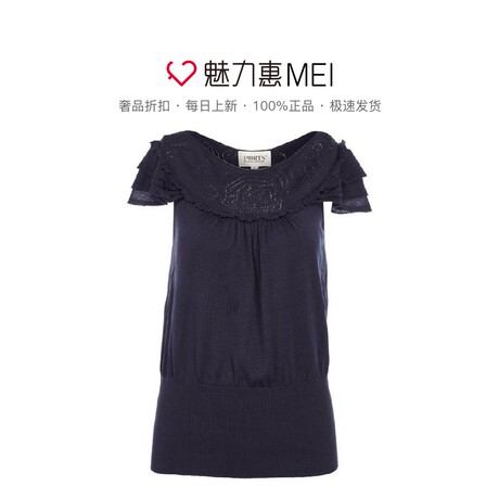 预售 Ports/宝姿 藏蓝色圆领短袖女士针织衫商品大图