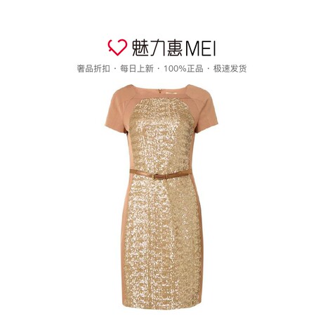 预售 Ports/宝姿 珊瑚色亮片饰腰带饰圆领短袖女士连衣裙商品大图