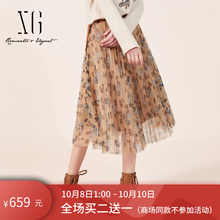 xg女装2018冬新款韩版中长款显瘦百褶半身裙短款裙复古印花A字裙图片