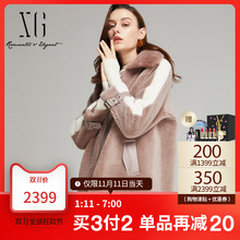 XG雪歌秋冬新款女装韩版中长款宽松休闲皮毛一体毛领皮草拉链外套图片
