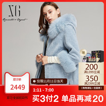 XG雪歌秋冬新款女装韩版通勤中长款宽松皮毛一体毛领皮草拉链外套图片