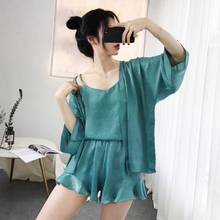 短袖 冰丝家居服 两件套性感韩版 吊带短裤 真丝睡衣四件套女夏季套装
