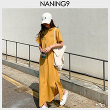 女装 韩版 2019初秋新款 naning9韩国代购 字母直筒宽松开衩连衣裙