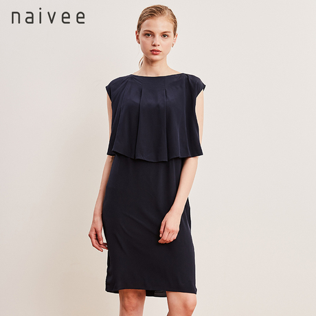 naivee/纳薇2018夏季女假两件OL通勤一字领真丝连衣裙商品大图