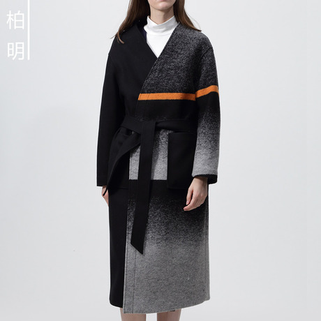 blooming柏明女装秋冬时尚保暖毛呢羊毛大衣中长款系带收腰外套商品大图