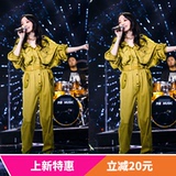 连体裤女歌手张韶涵同款2018夏薄款黄色高腰宽松韩版连衣裤长裤子