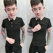 快手红人同款 短袖 打底衫 T恤 潮韩版 潮男修身 社会精神小伙翻领半袖