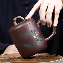 代发 宜兴紫砂杯喜上眉梢茶具茶杯陶瓷带盖紫泥纯手工泥绘水杯子