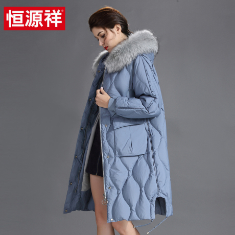 恒源祥大毛领中长款羽绒服女2018冬季新款连帽貉子毛加厚保暖外套商品大图