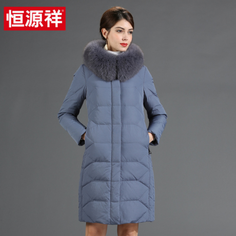 恒源祥大毛领羽绒服女2018冬装新款中长款过膝修身显瘦保暖外套商品大图