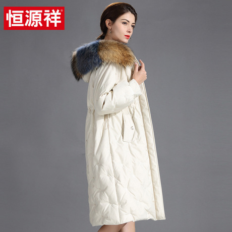 恒源祥羽绒服女中长款2018冬季加厚韩版过膝大毛领宽松外套女潮商品大图