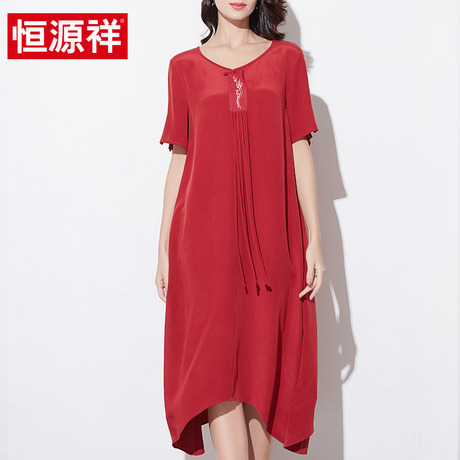 恒源祥2019夏季新款中年短袖真丝连衣裙女中长款100%桑蚕丝妈妈装商品大图