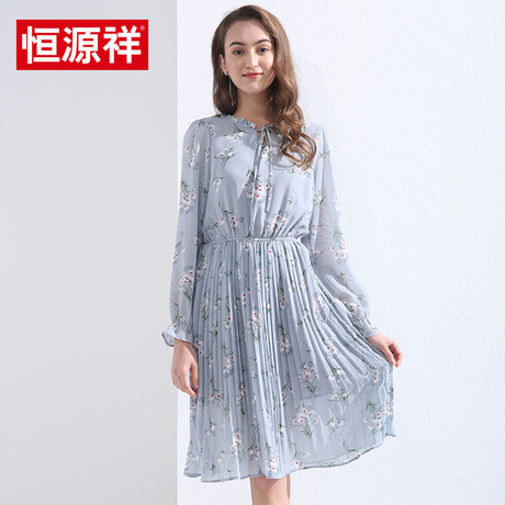 恒源祥雪纺连衣裙2018春装小清新女中长款荷叶领显瘦碎花百褶裙子商品大图