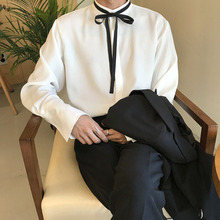 ASCLO超火ins白色文艺小香风撞色领带男衬衫韩版立领长袖潮设计感