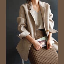 ins双面羊绒羊毛大衣毛呢外套女短款 chic复古宽松格纹格子西装