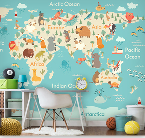 3D卡通动物世界地图墙纸壁画儿童房壁纸男孩卧室幼儿园背景墙壁布