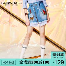 马克华菲女装2018秋新品牛仔裙印花牛仔半身裙短裙女韩版修身图片